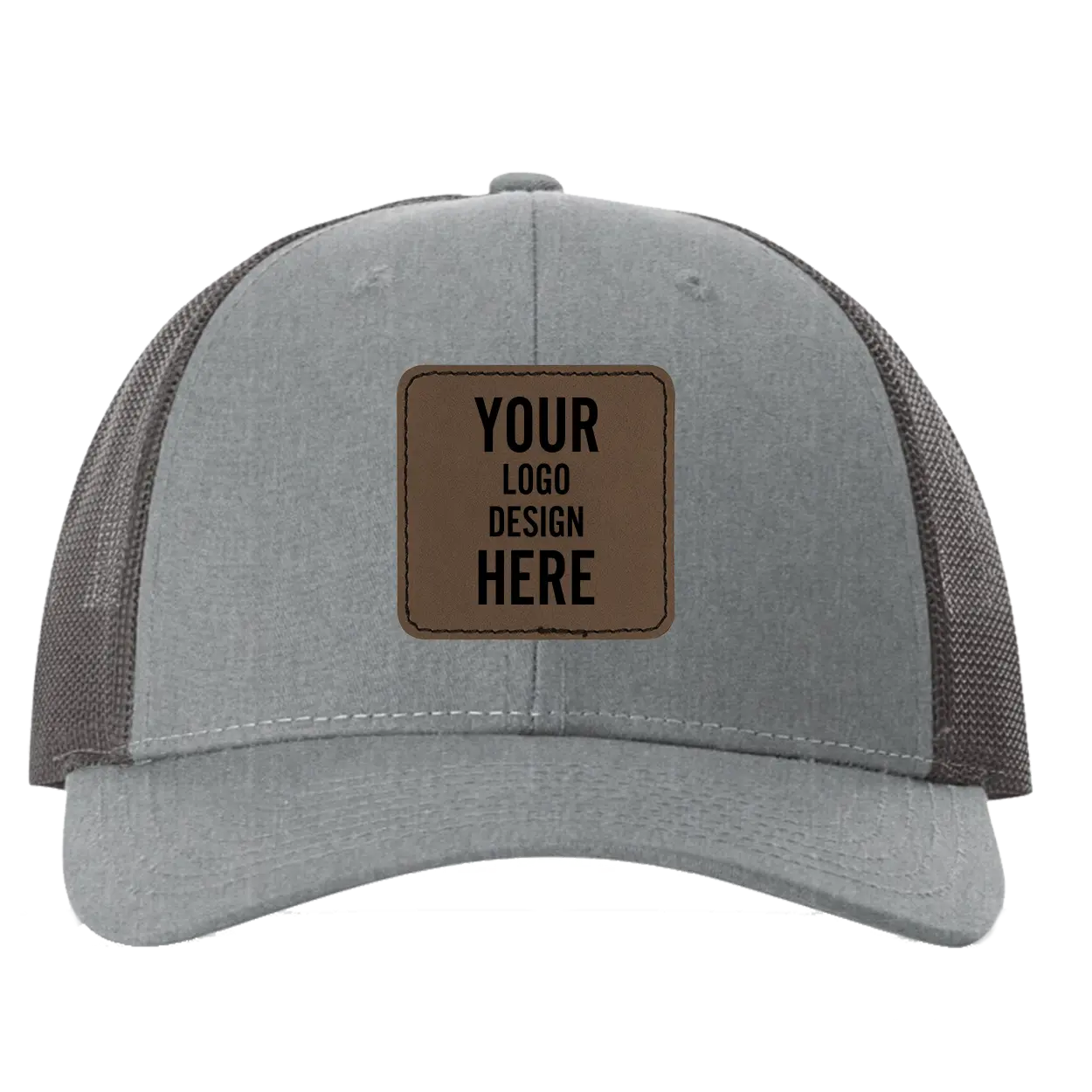 Custom gray Richardson 115 Low Pro Trucker Hat with laser etched square stitch leatherette patch