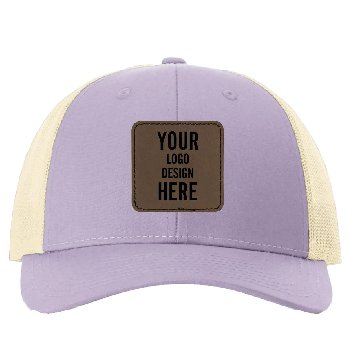 Custom lilac Richardson 115 Low Pro Trucker Hat with laser etched square stitch leatherette patch