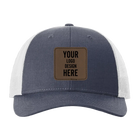 Custom navy heather gray Richardson 115 Low Pro Trucker Hat with laser etched square stitch leatherette patch