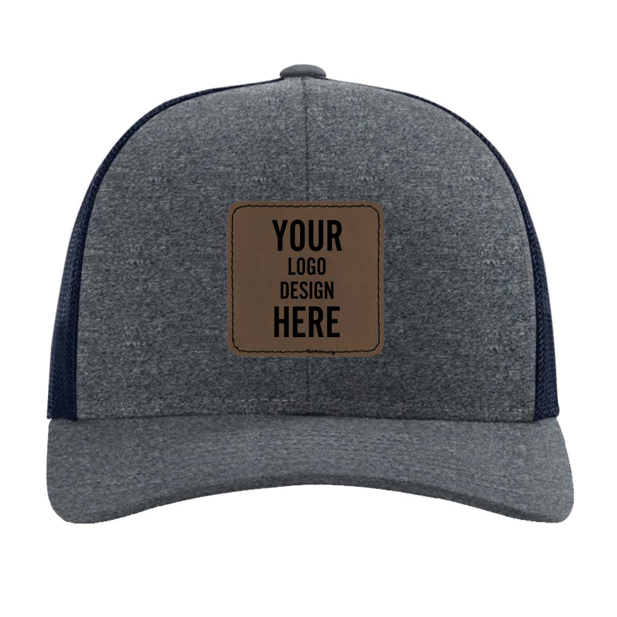 Custom navy heather navy Richardson 115CH Low Pro Trucker Hat with laser etched square stitch leatherette patch