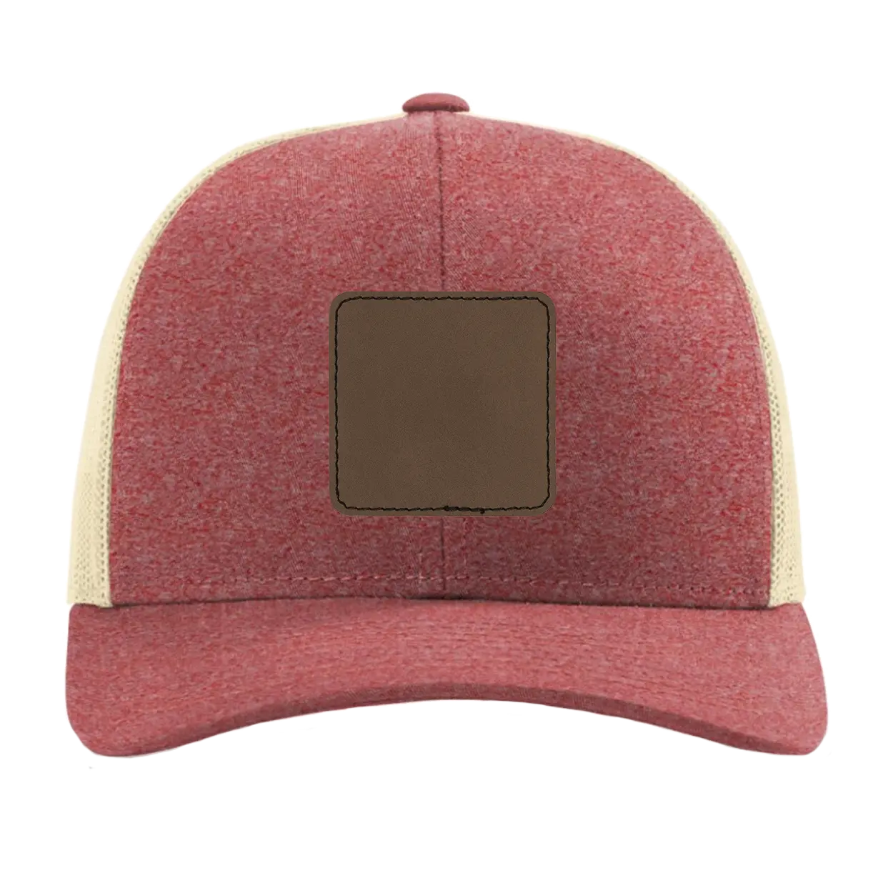 Custom red heather birch Richardson 115CH Low Pro Trucker Hat with laser etched square stitch leatherette patch