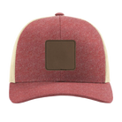 Custom red heather birch Richardson 115CH Low Pro Trucker Hat with laser etched square stitch leatherette patch