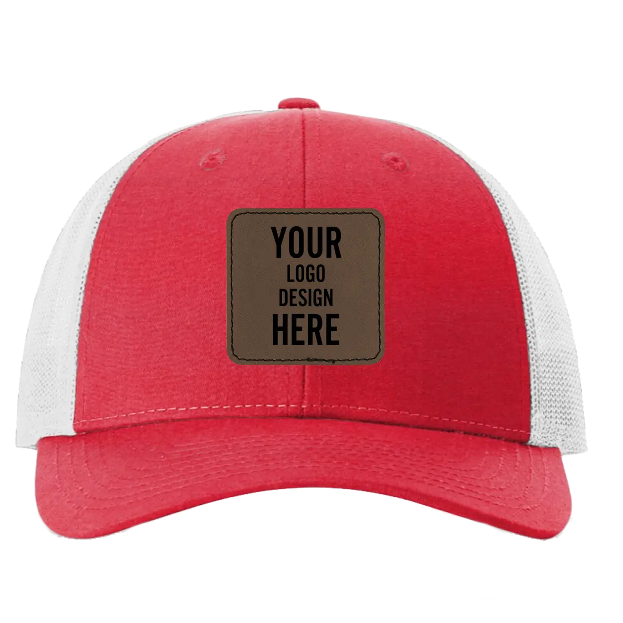 Custom red heather gray Richardson 115 Low Pro Trucker Hat with laser etched square stitch leatherette patch