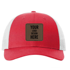 Custom red heather gray Richardson 115 Low Pro Trucker Hat with laser etched square stitch leatherette patch