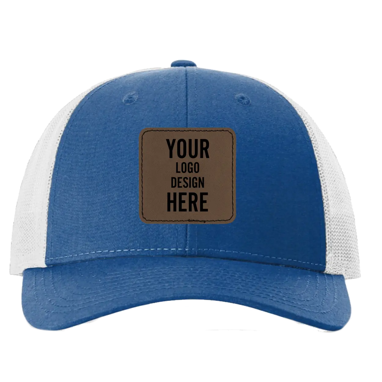Custom royal blue Richardson 115 Low Pro Trucker Hat with laser etched square stitch leatherette patch