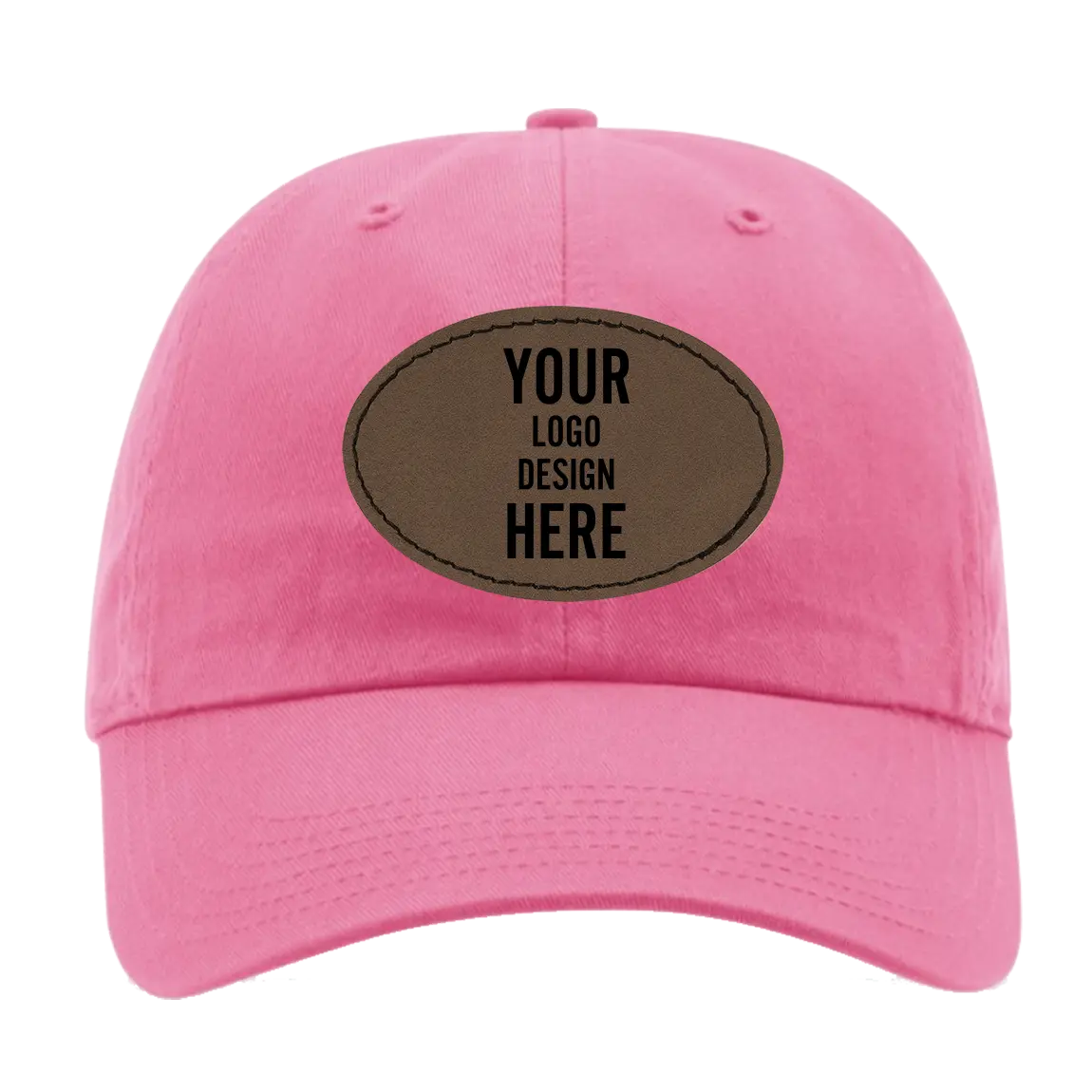 Custom hot pink Richardson 320 Cotton Twill Hat with laser etched oval stitch leatherette patch