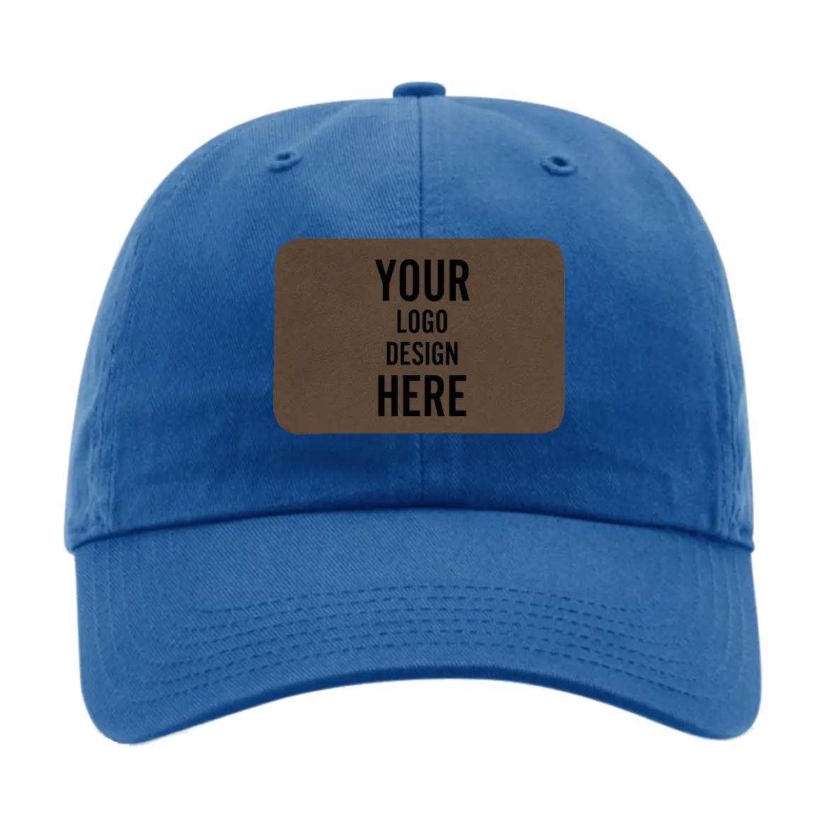 Custom royal blue Richardson 320 Cotton Twill Hat with laser etched rectangle leatherette patch
