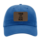 Custom royal blue Richardson 320 Cotton Twill Hat with laser etched rectangle leatherette patch