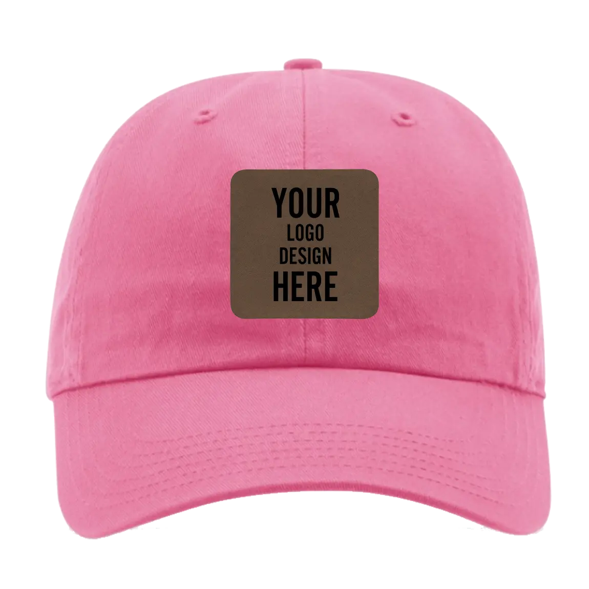 Custom hot pink Richardson 320 Cotton Twill Hat with laser etched square leatherette patch
