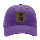 Custom purple Richardson 320 Cotton Twill Hat with laser etched square leatherette patch