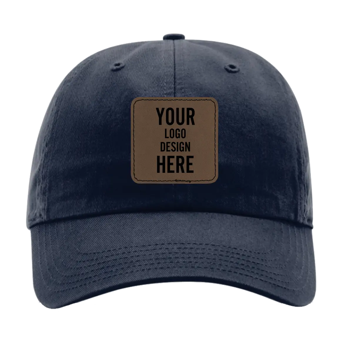 Custom navy Richardson 320 Cotton Twill Hat with laser etched square stitch leatherette patch