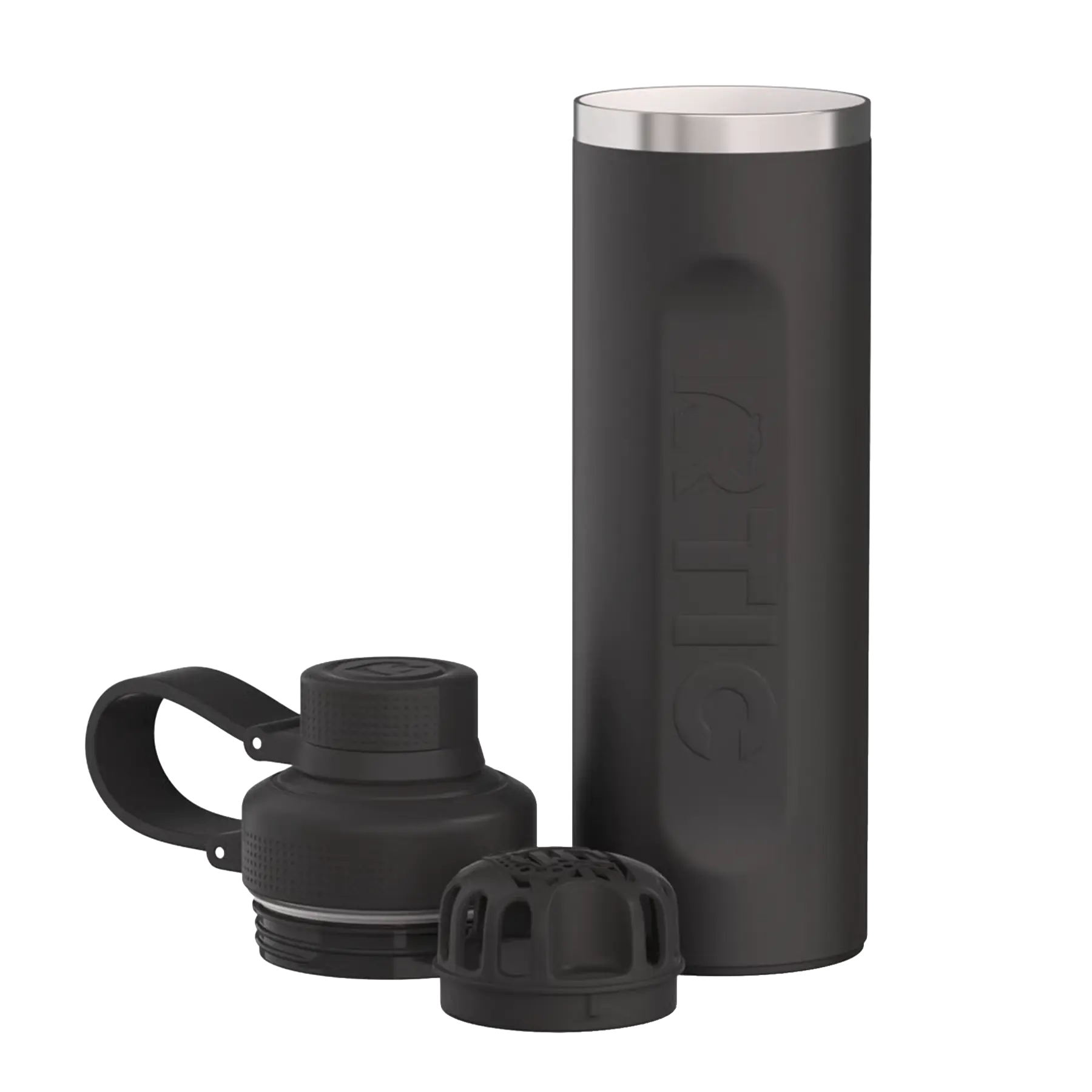 View of lid and removeable shaker of black RTIC 24 oz Refuel water bottle