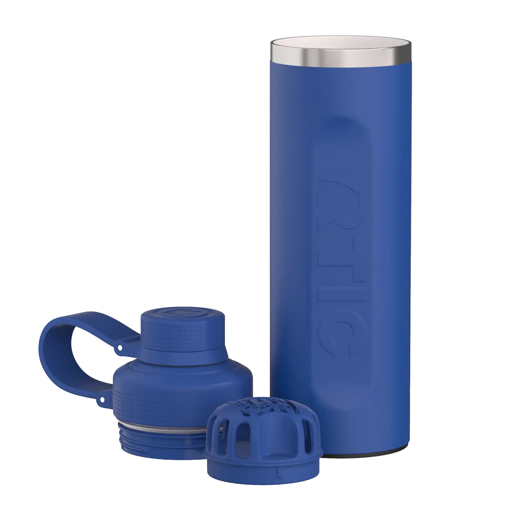 View of lid and removeable shaker of cobalt RTIC 24 oz Refuel water bottle