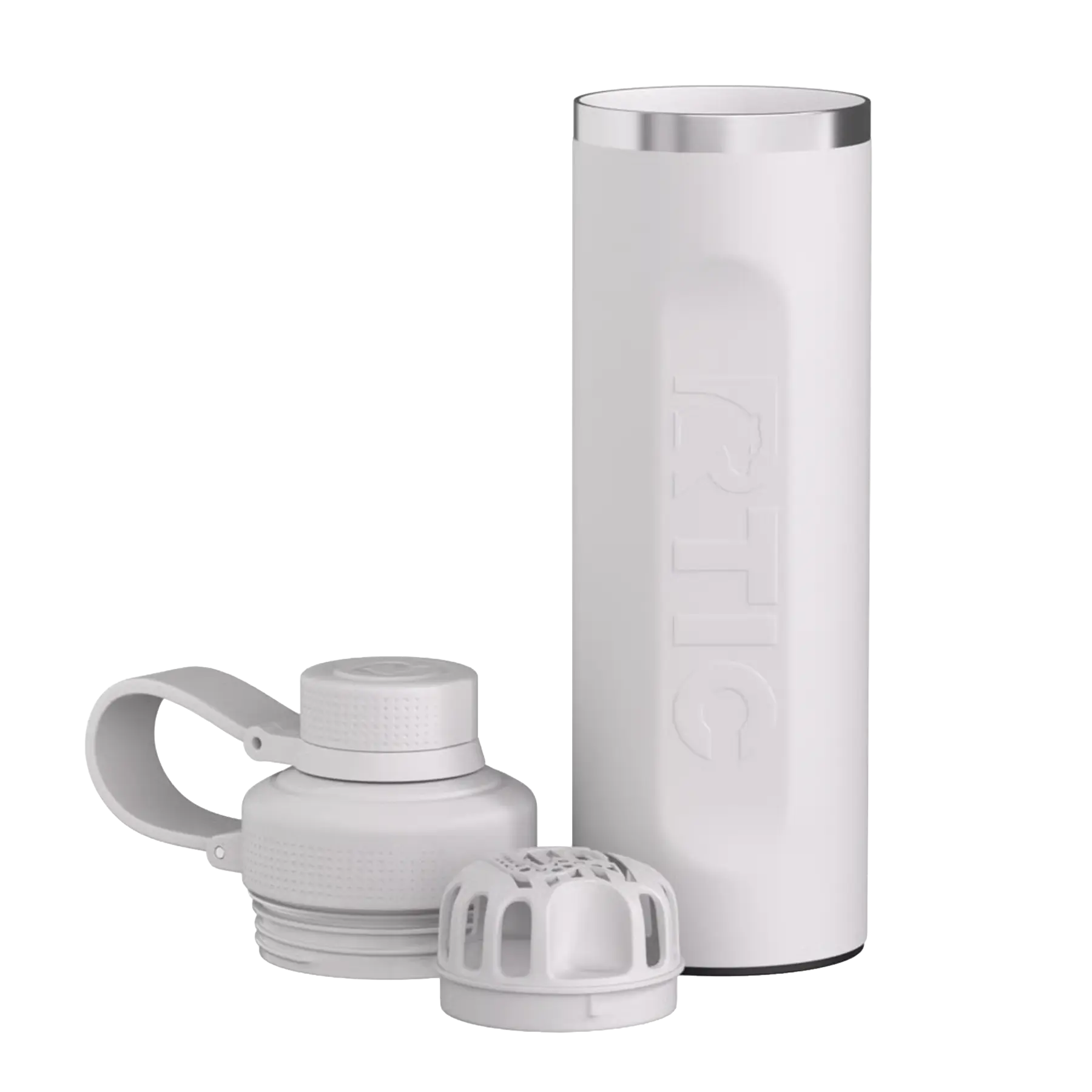 View of lid and removeable shaker of cool grey RTIC 24 oz Refuel water bottle