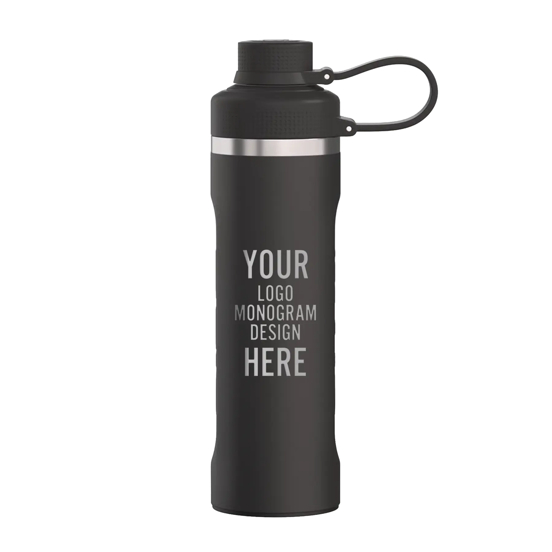Personalized black RTIC 24 oz Refuel water bottle with custom laser engraved logo, monogram, or design