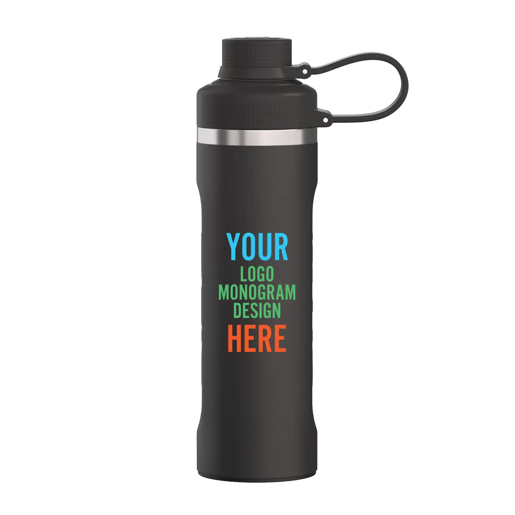 Personalized black RTIC 24 oz Refuel water bottle with custom UV full color printed logo, monogram, or design
