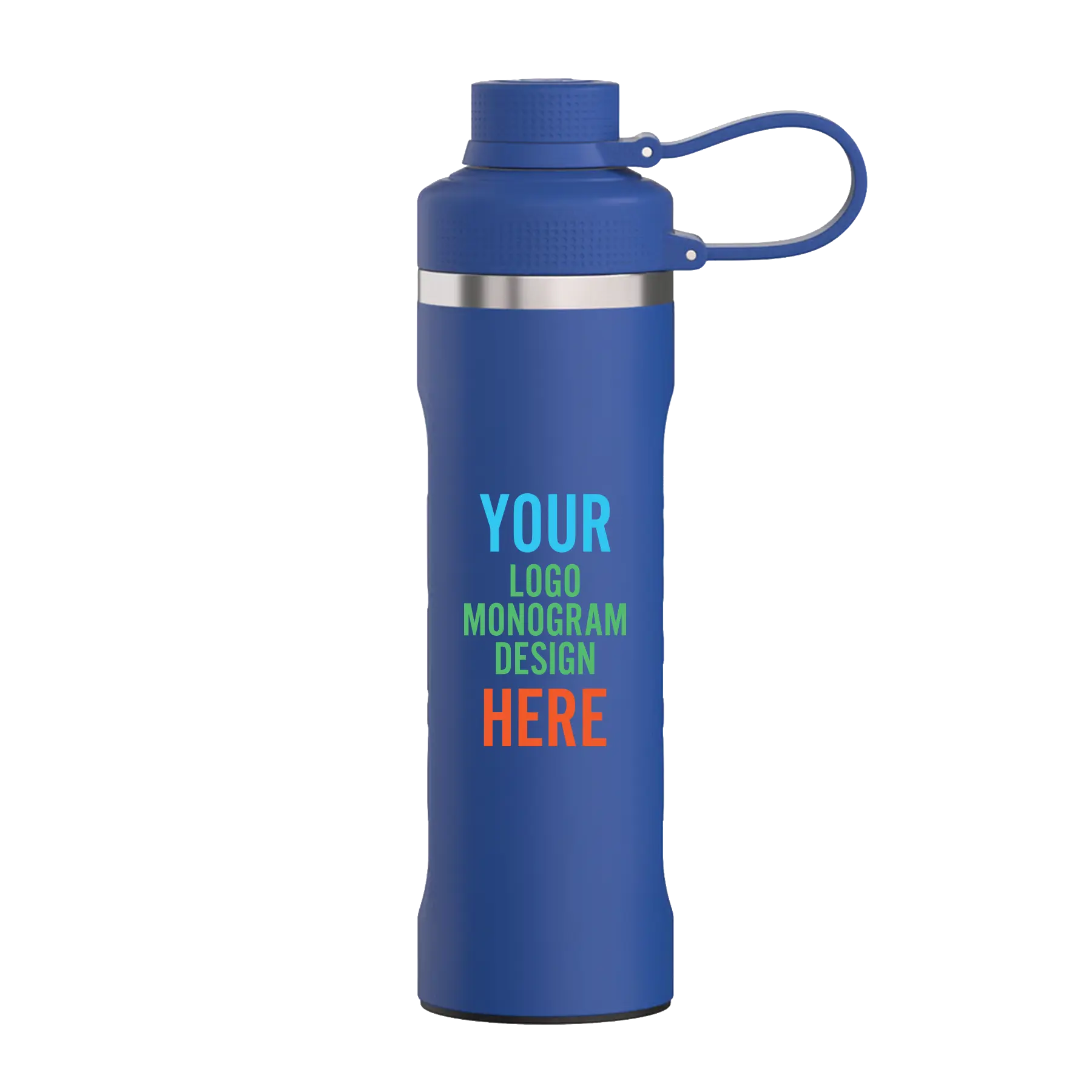 Personalized cobalt RTIC 24 oz Refuel water bottle with custom UV full color printed logo, monogram, or design