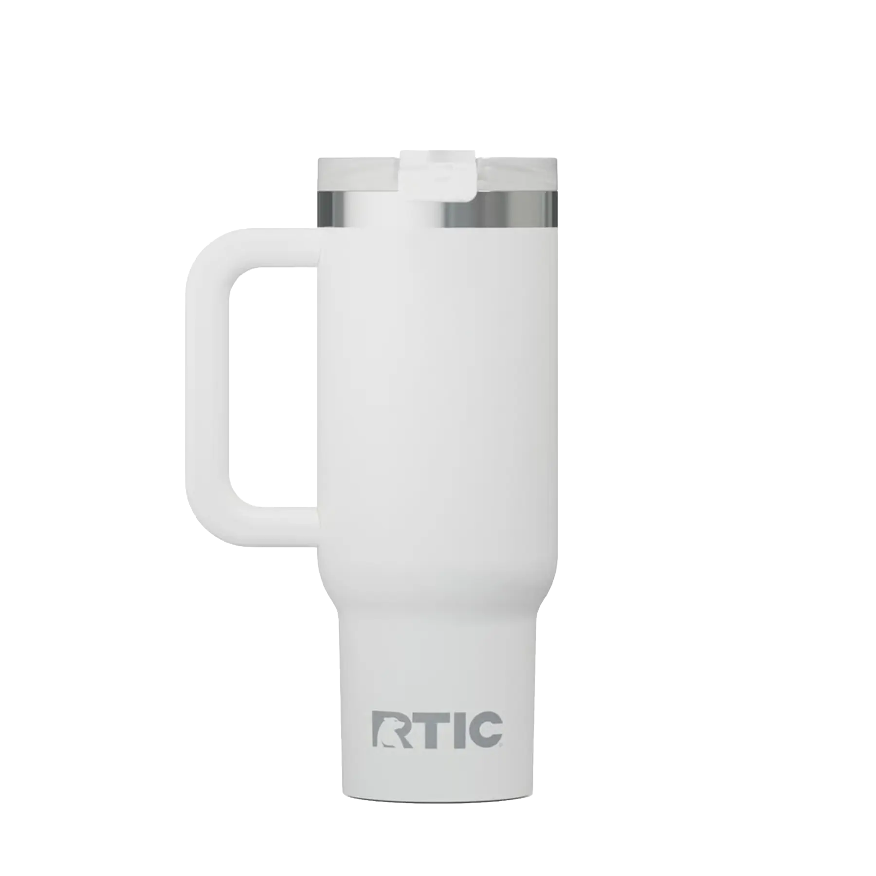 Back view of white RTIC 30 oz Road Trip insulated travel mug