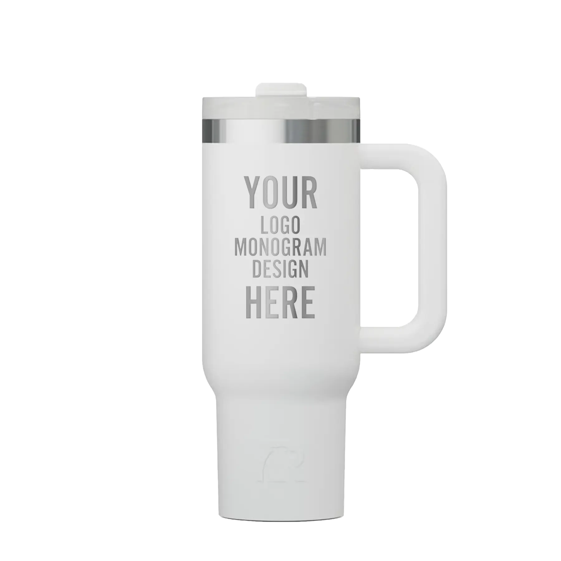 Personalized white RTIC 30 oz Road Trip ceramic-lined travel mug with custom laser engraved logo, monogram, or design