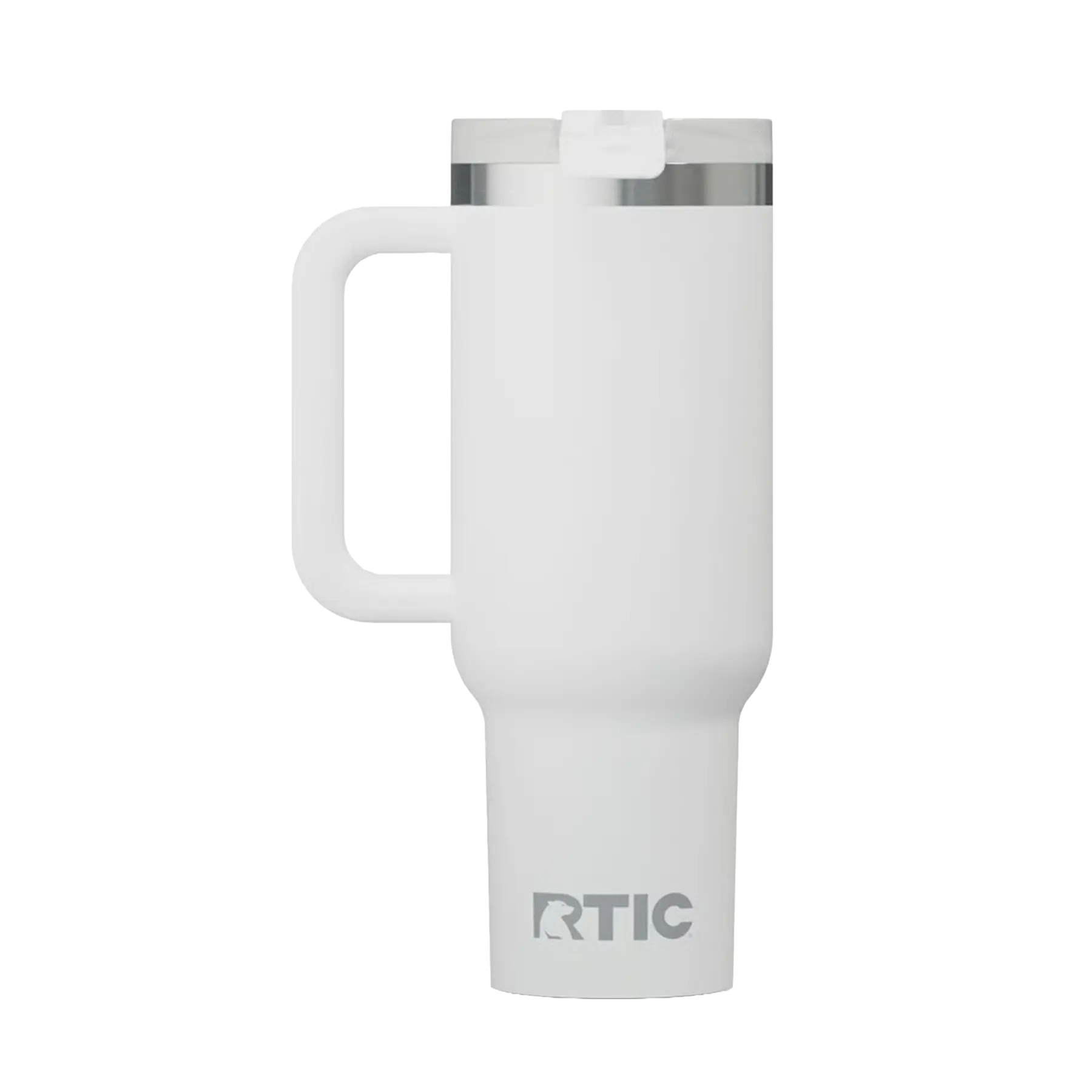 Back view of white RTIC 40 oz Road Trip insulated travel mug