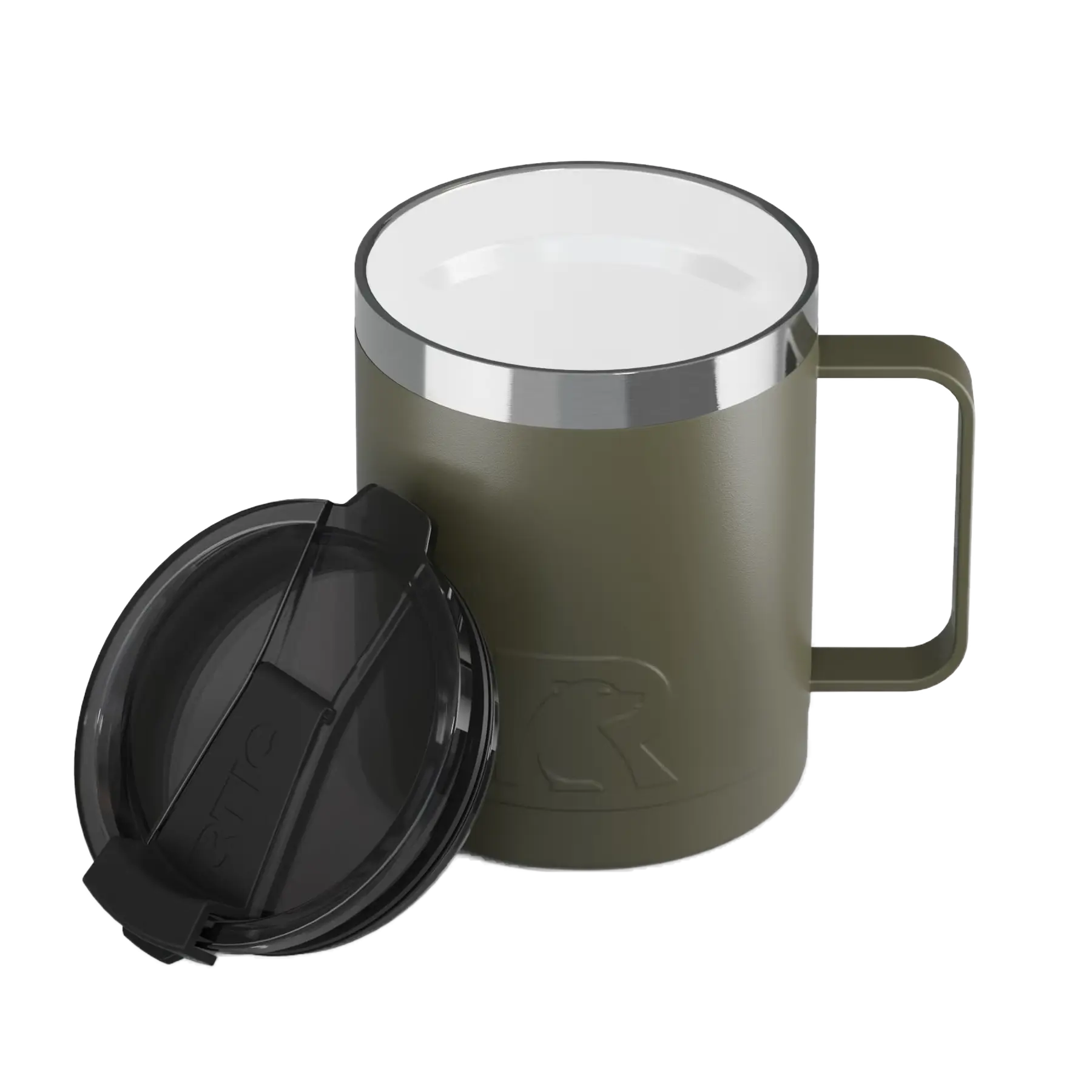 Ceramic-lined interior of olive RTIC 12 oz Essential coffee mug