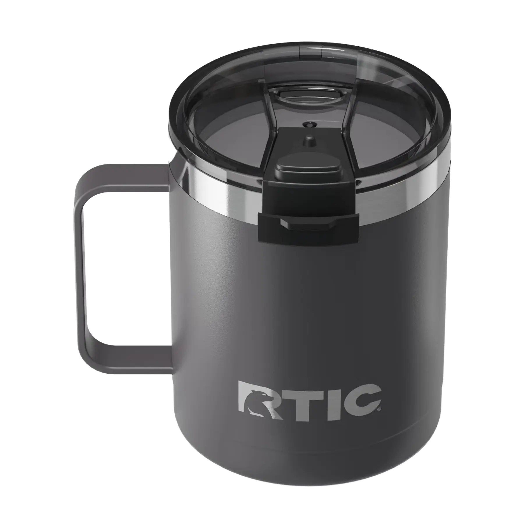 Spill-resistant flip lid for graphite RTIC 12 oz Essential coffee mug