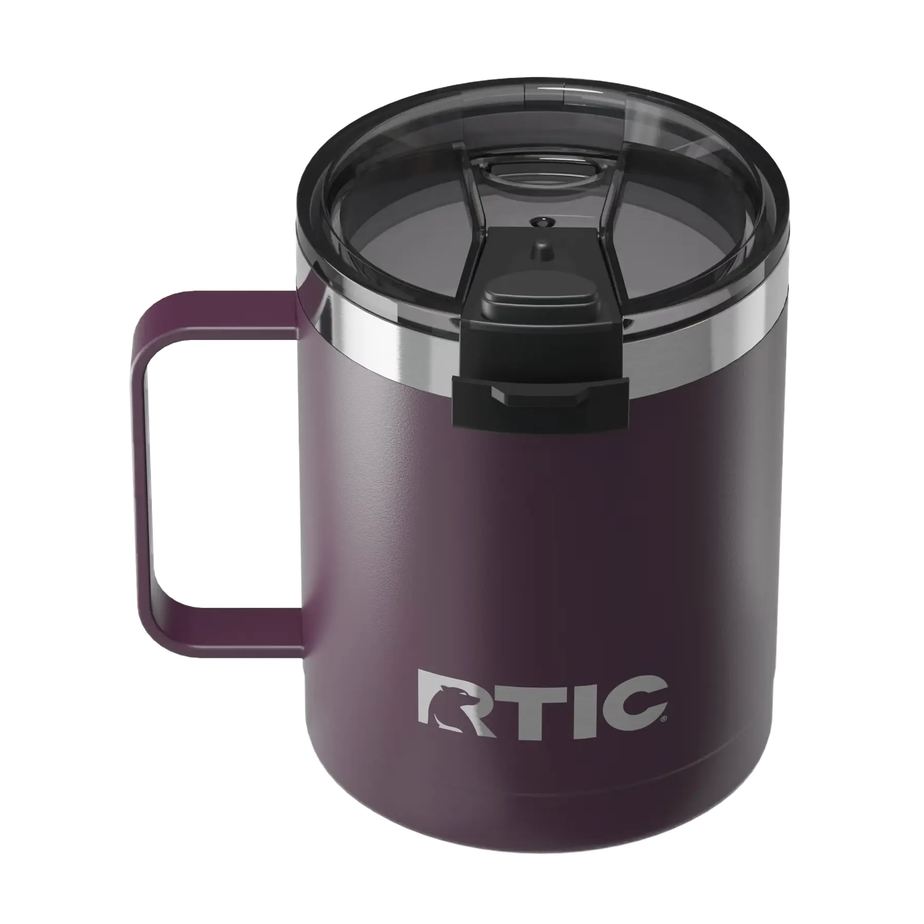 Spill-resistant flip lid for plum RTIC 12 oz Essential coffee mug