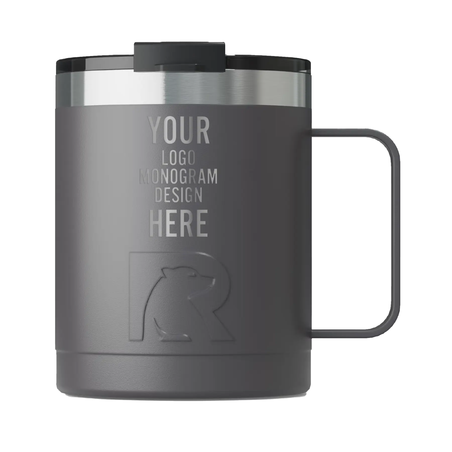 Personalized graphite RTIC 12 oz Essential ceramic-lined coffee mug with custom laser engraved logo, monogram, or design