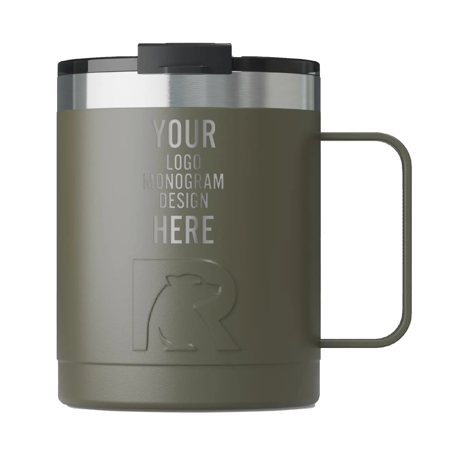 Personalized olive RTIC 12 oz Essential ceramic-lined coffee mug with custom laser engraved logo, monogram, or design