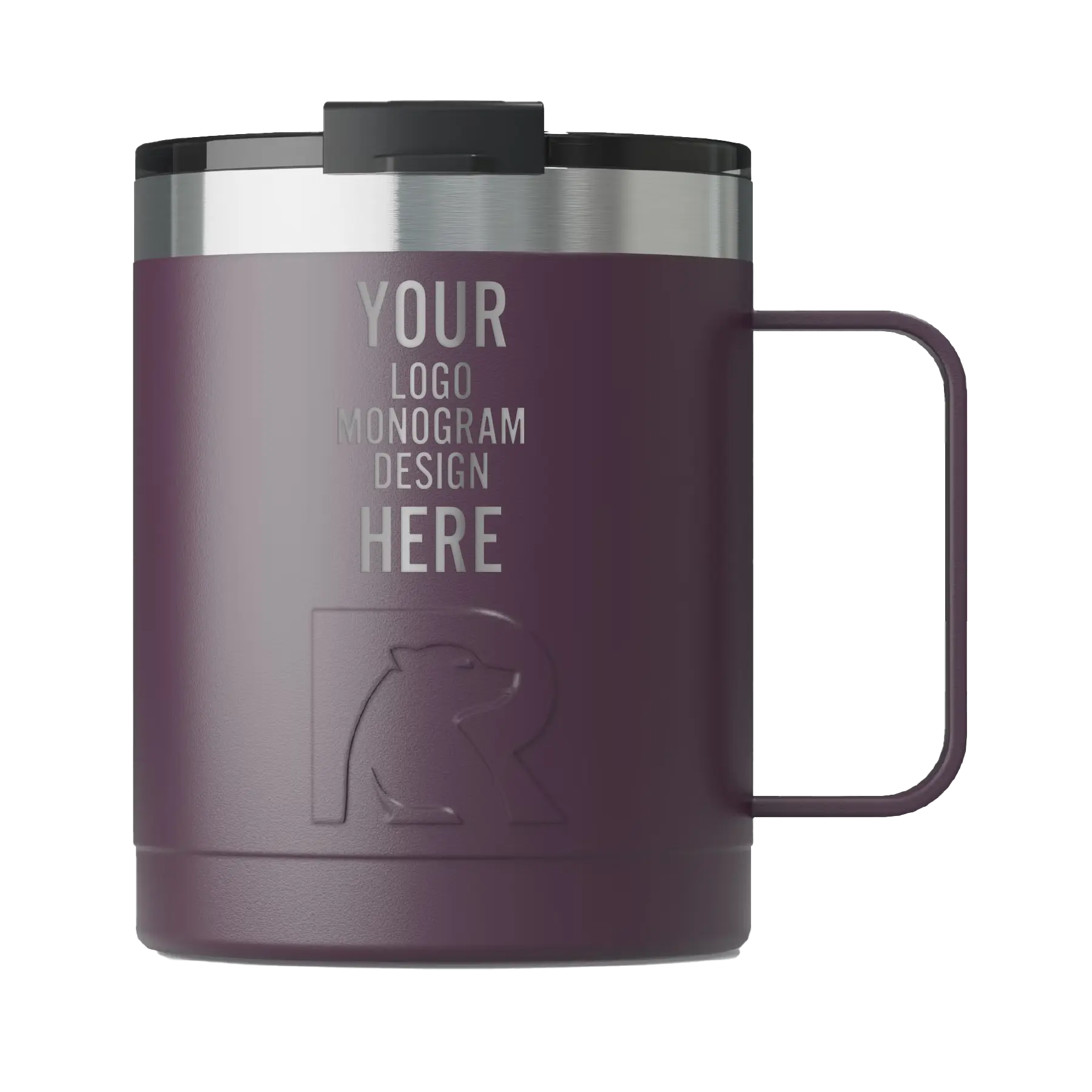 Personalized plum RTIC 12 oz Essential ceramic-lined coffee mug with custom laser engraved logo, monogram, or design