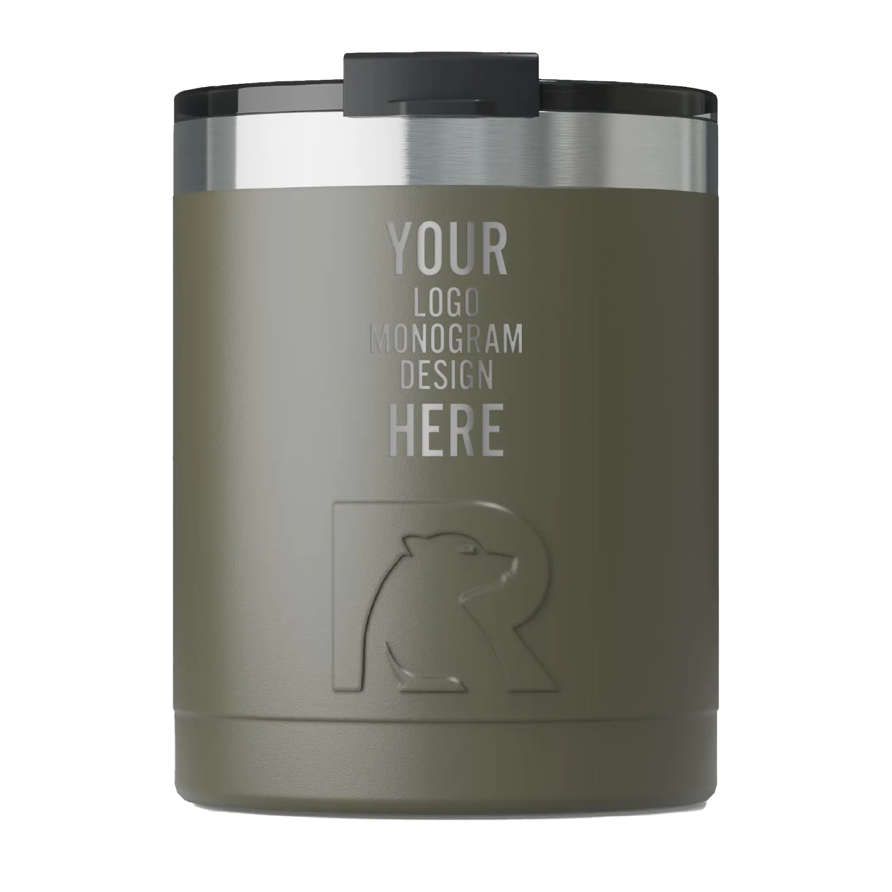 Personalized olive RTIC 12 oz Essential ceramic-lined lowball tumbler with custom laser engraved logo, monogram, or design