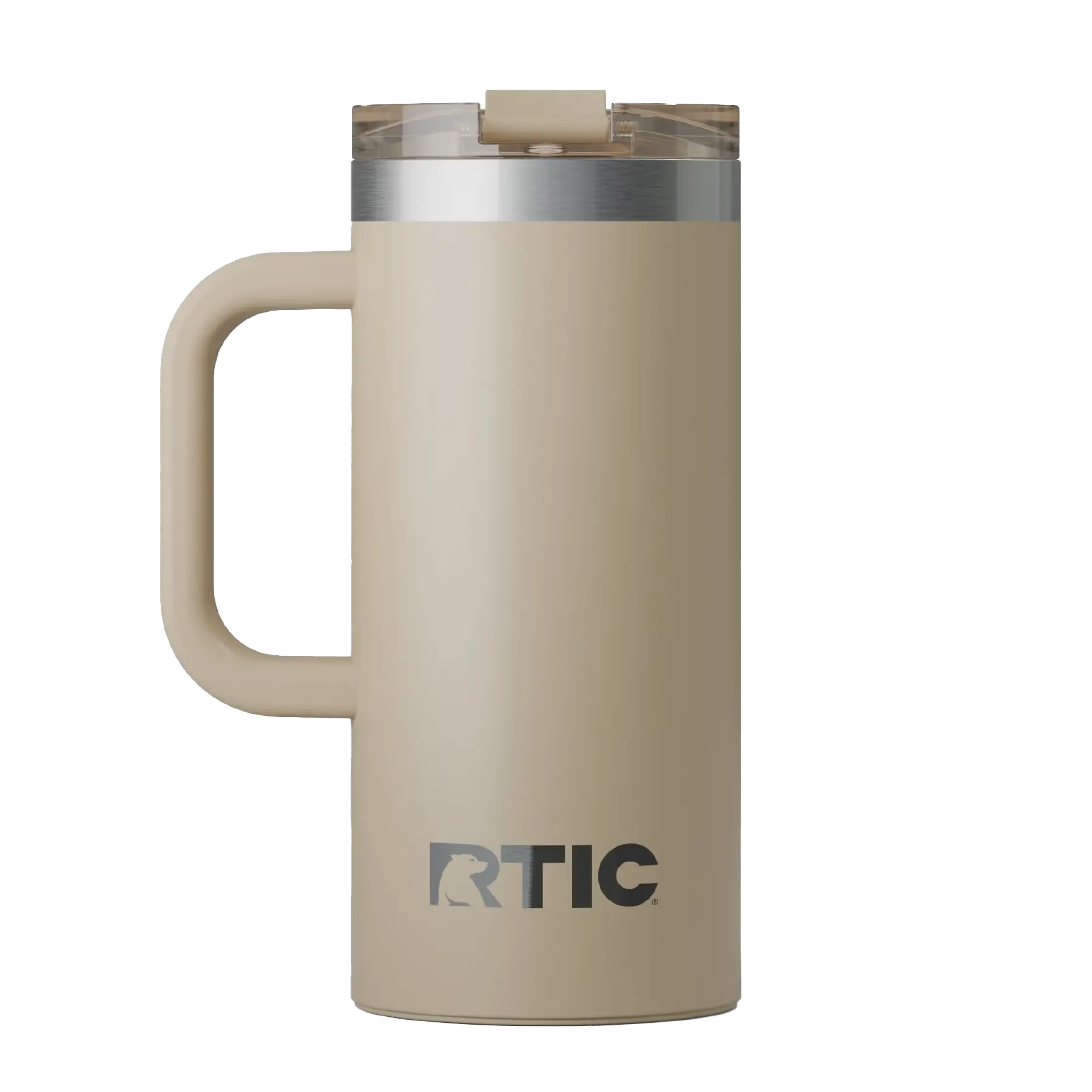 Back view of beach RTIC 16 oz Road Trip insulated travel mug