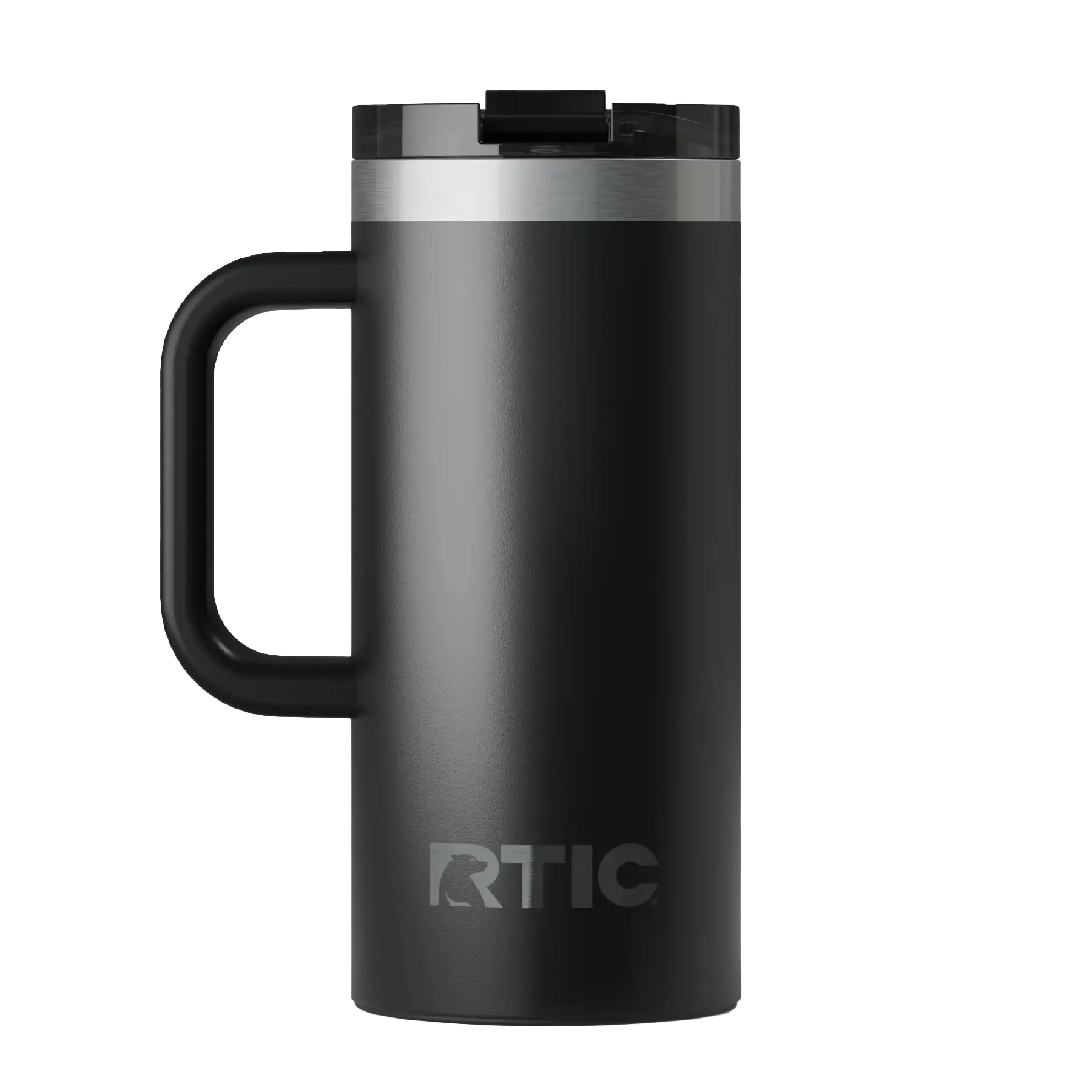 Back view of black RTIC 16 oz Road Trip insulated travel mug