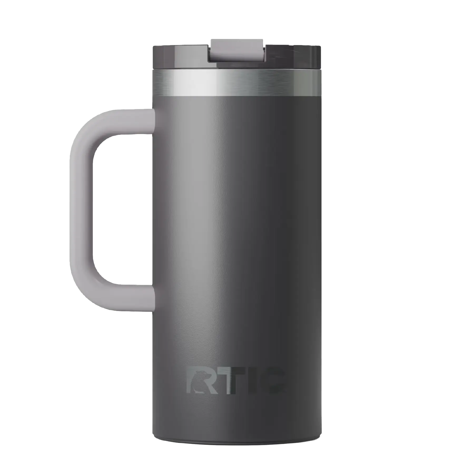 Back view of graphite RTIC 16 oz Road Trip insulated travel mug