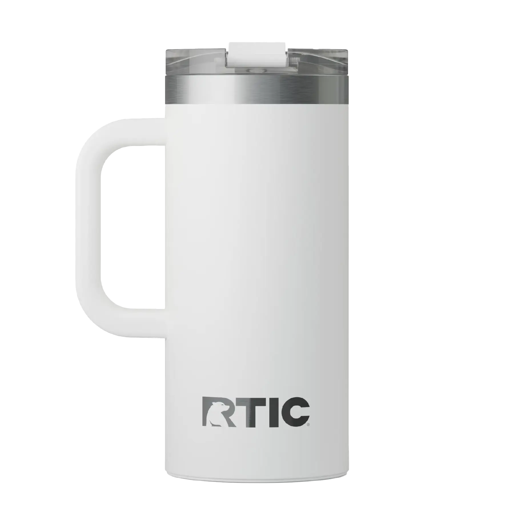 Back view of white RTIC 16 oz Road Trip insulated travel mug