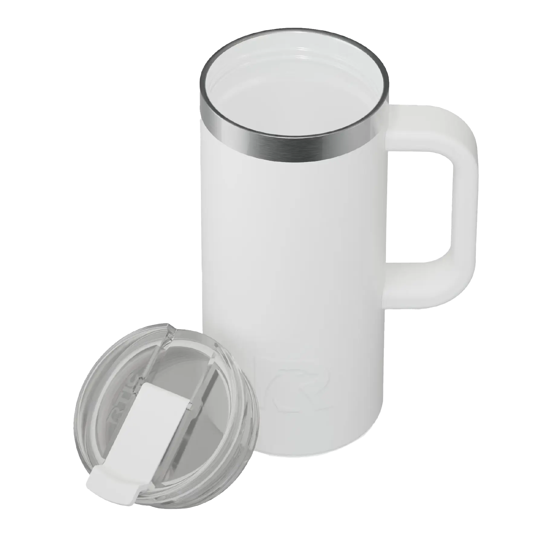Ceramic-lined interior of white RTIC 16 oz Road Trip travel mug
