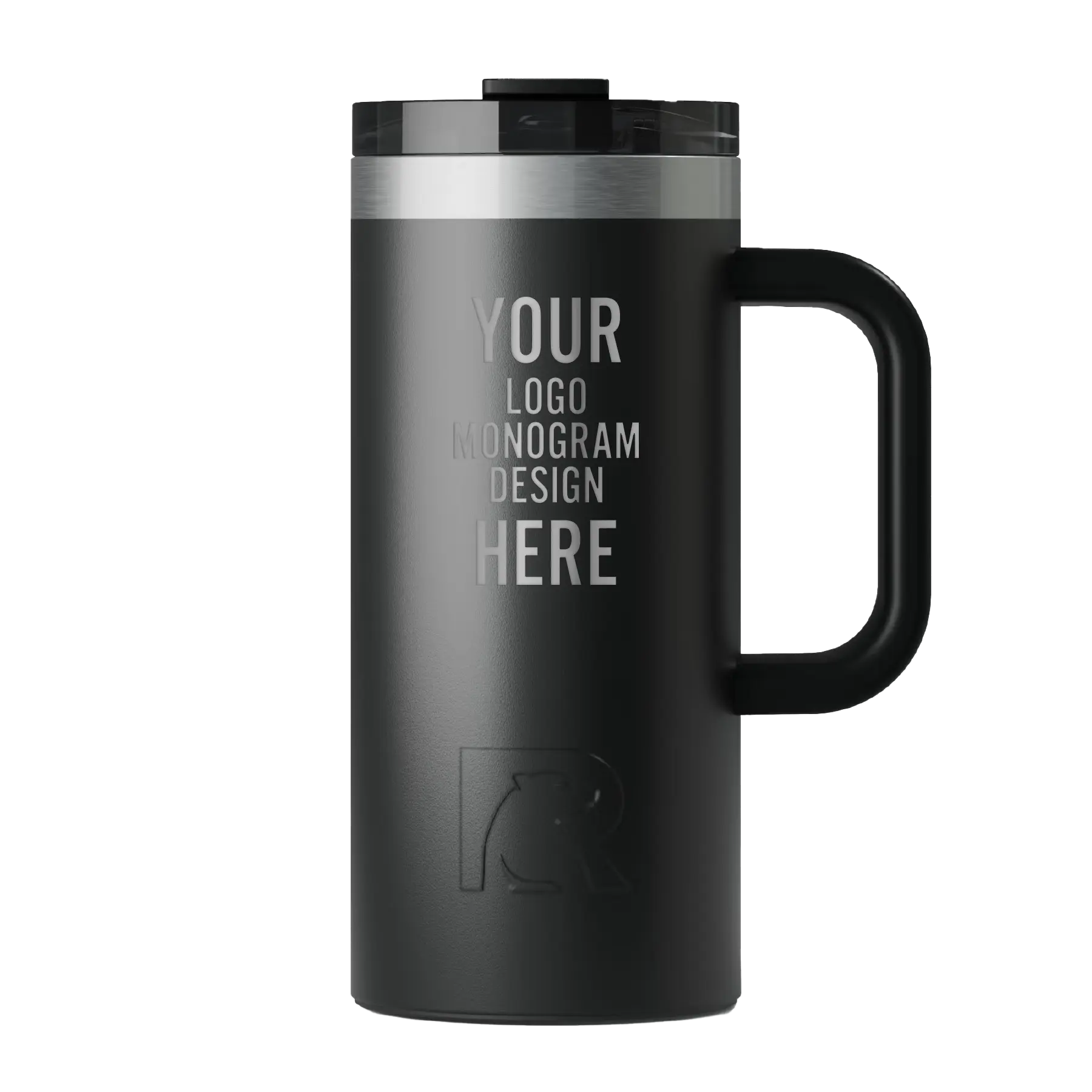 Personalized black RTIC 16 oz Road Trip ceramic-lined travel mug with custom laser engraved logo, monogram, or design