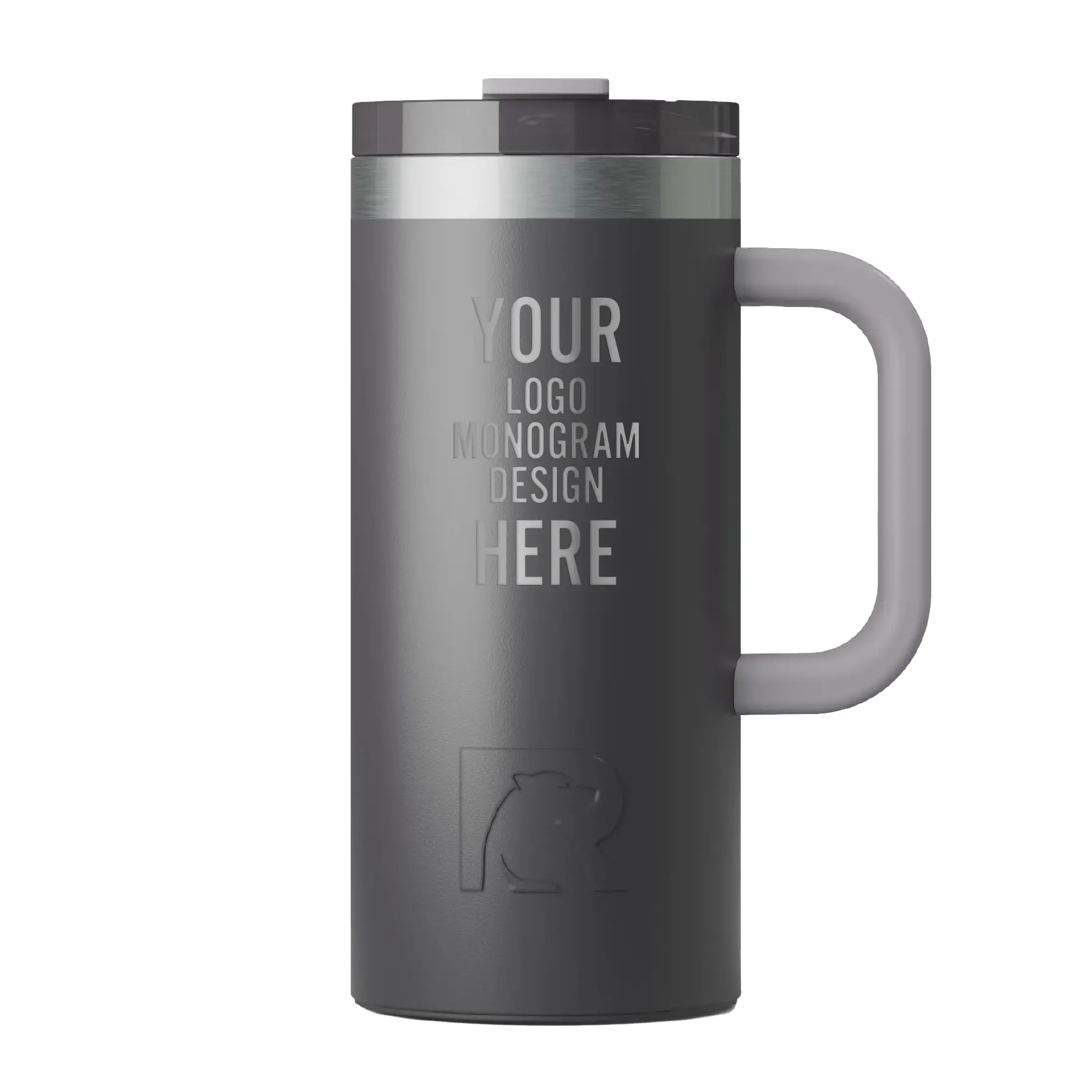 Personalized graphite RTIC 16 oz Road Trip ceramic-lined travel mug with custom laser engraved logo, monogram, or design