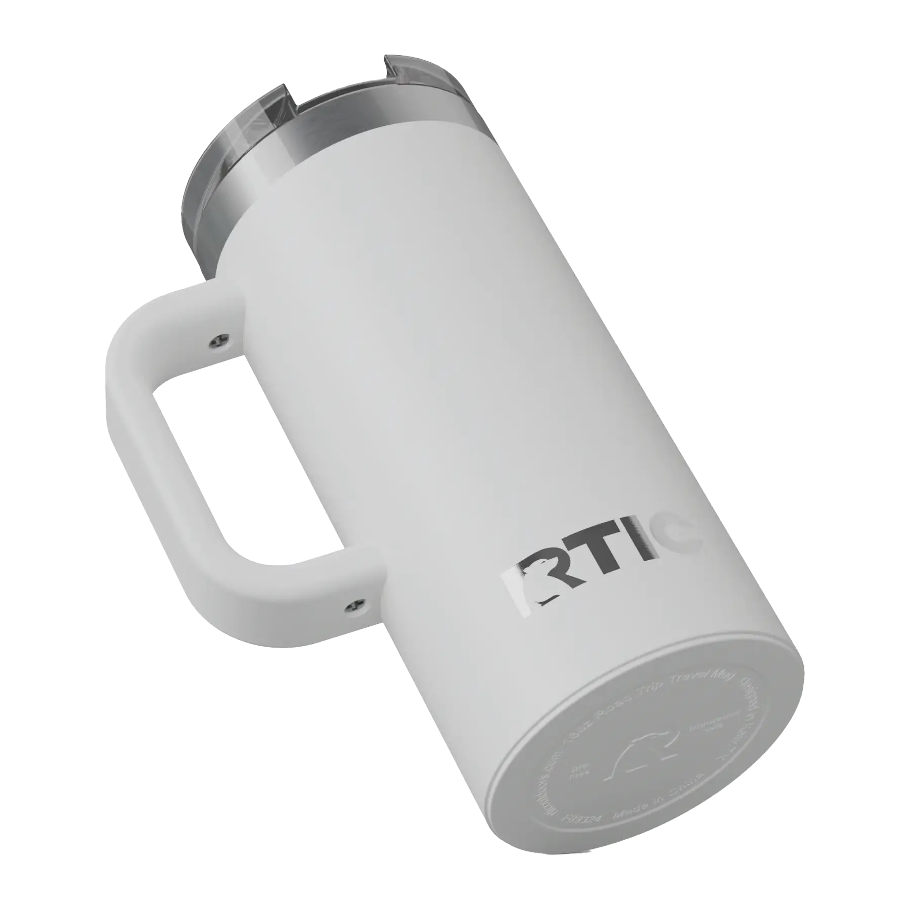 Built-in silicone anti-slip base on white RTIC 16 oz Road Trip travel mug