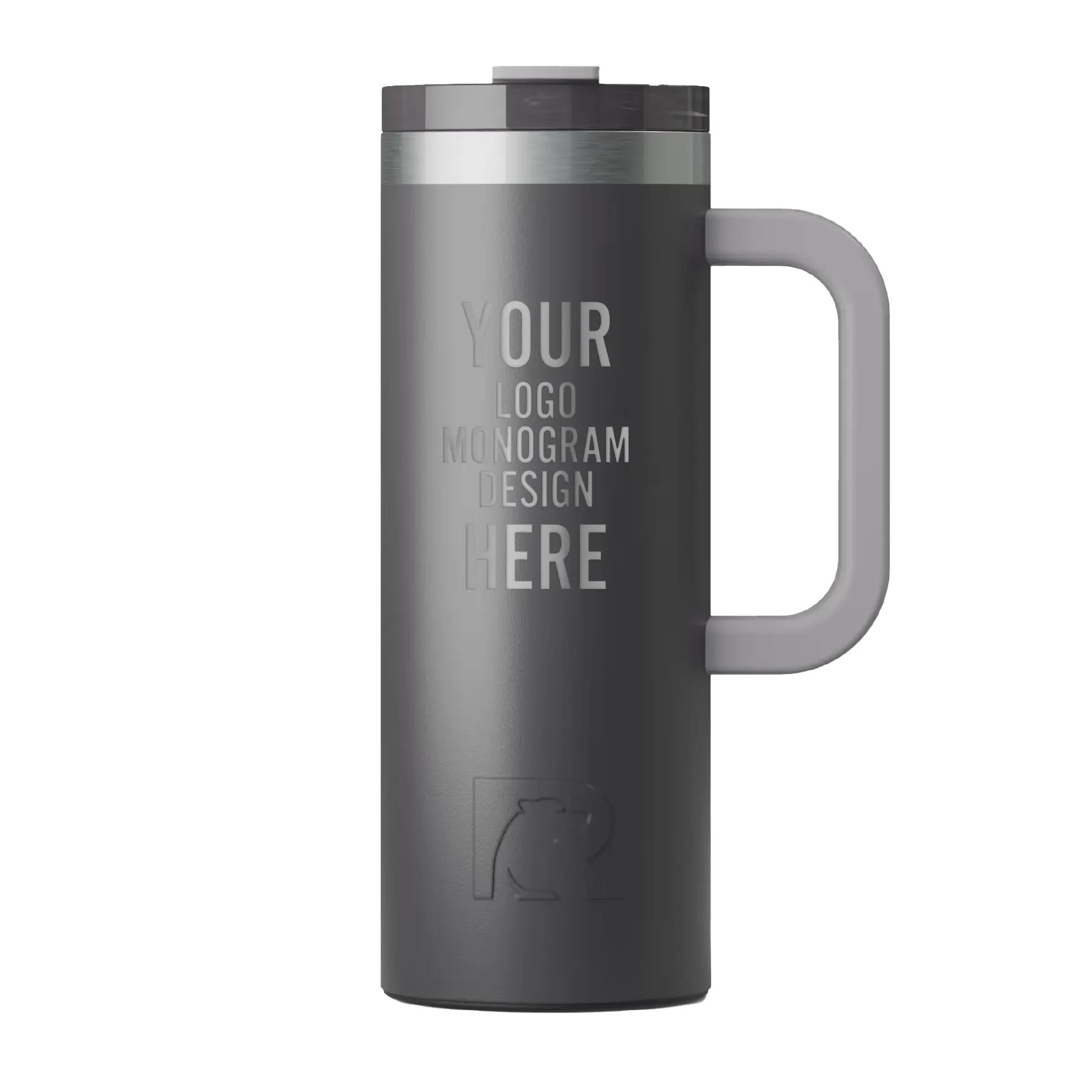 Personalized graphite RTIC 20 oz Road Trip ceramic-lined travel mug with custom laser engraved logo, monogram, or design