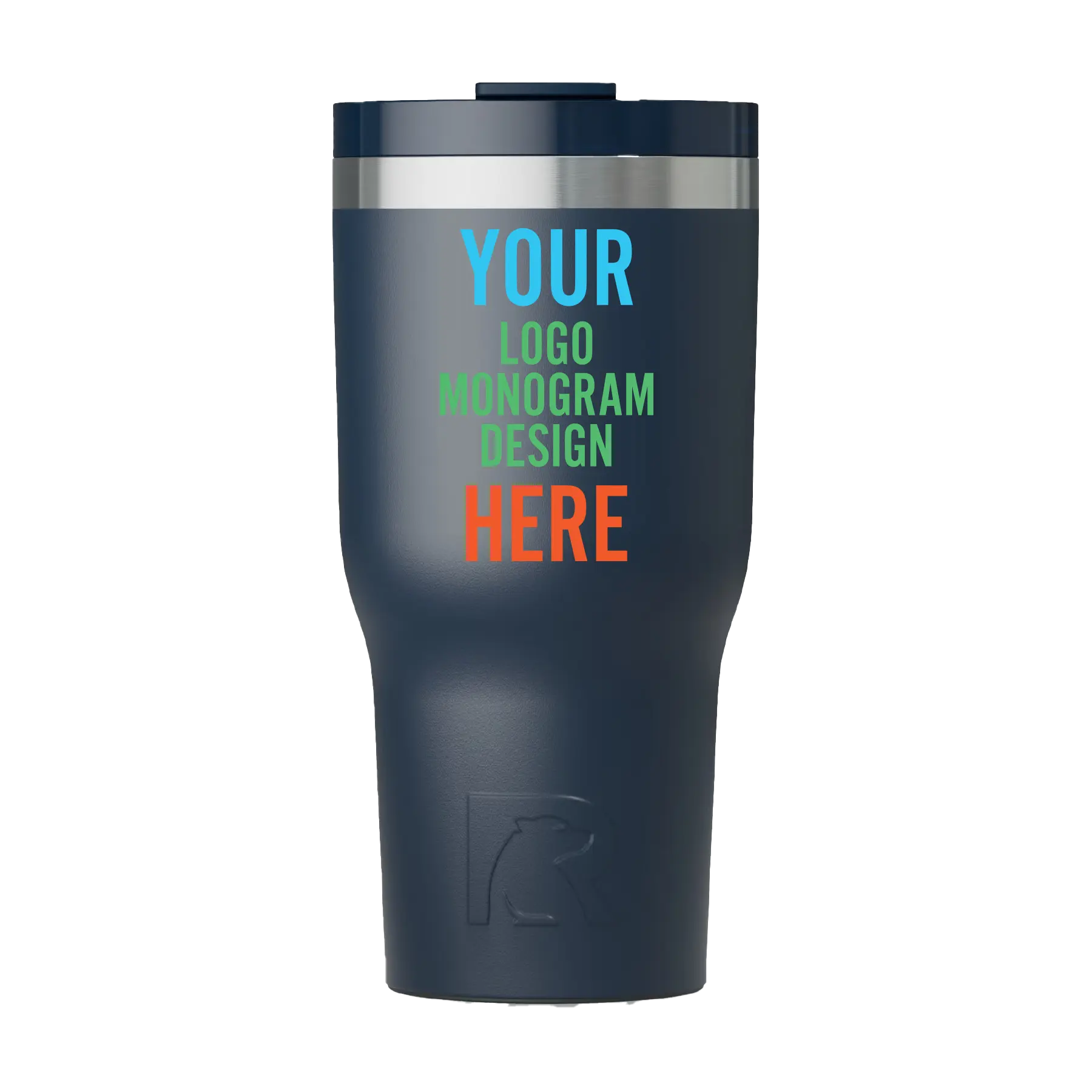Personalized navy RTIC 30 oz Essential ceramic-lined tumbler with custom UV full color printed logo, monogram, or design