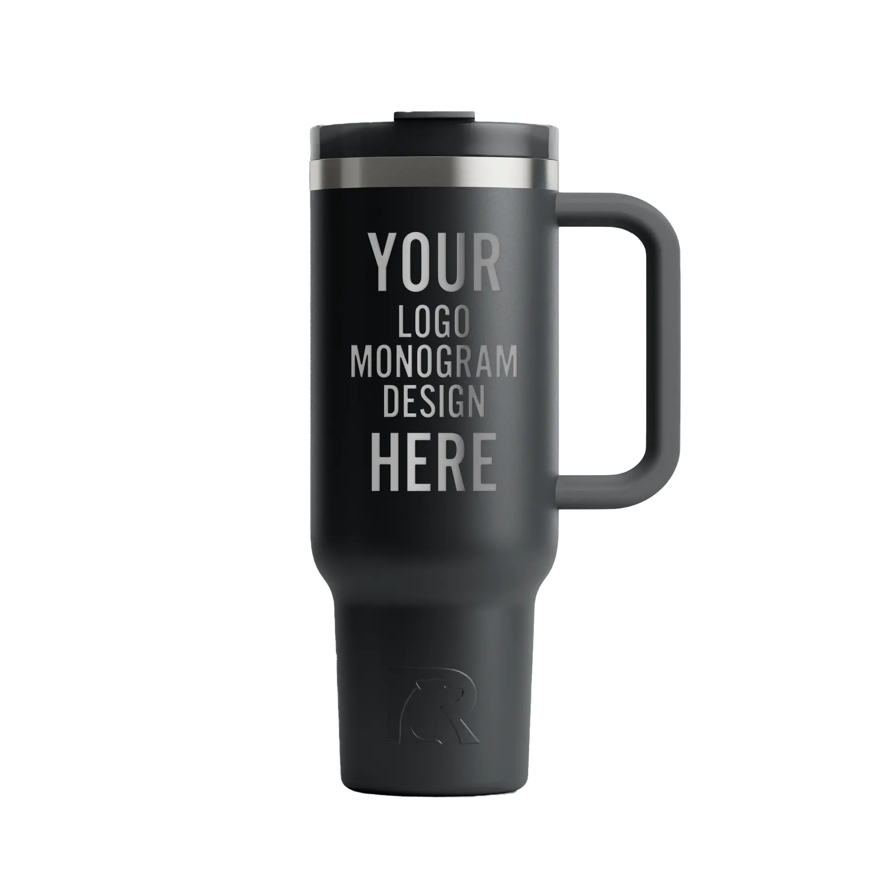 Personalized black RTIC 40 oz Road Trip ceramic-lined travel mug with custom laser engraved logo, monogram, or design