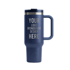 Personalized navy RTIC 40 oz Road Trip ceramic-lined travel mug with custom laser engraved logo, monogram, or design