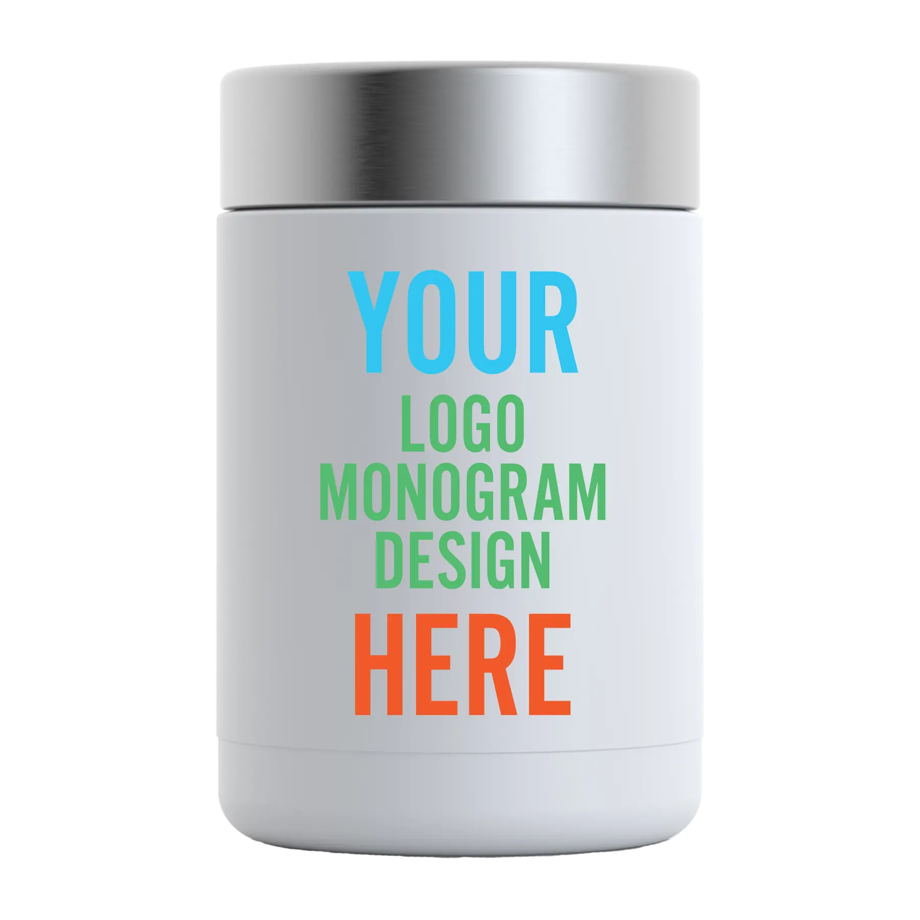 Personalized matte white RTIC 12 oz can cooler with custom UV full color printed logo, monogram, or design
