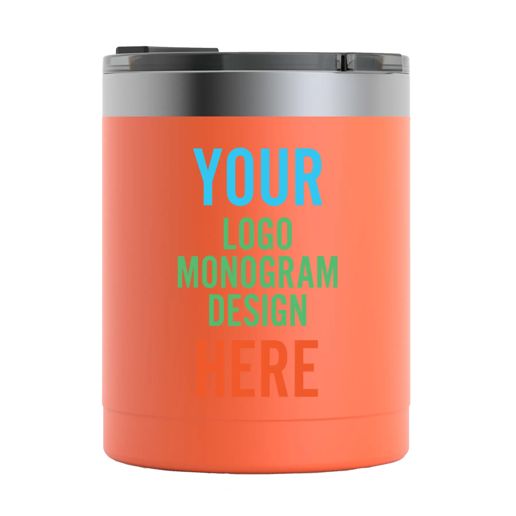 Personalized orange RTIC 12 oz lowball tumbler with custom UV full color printed logo, monogram, or design