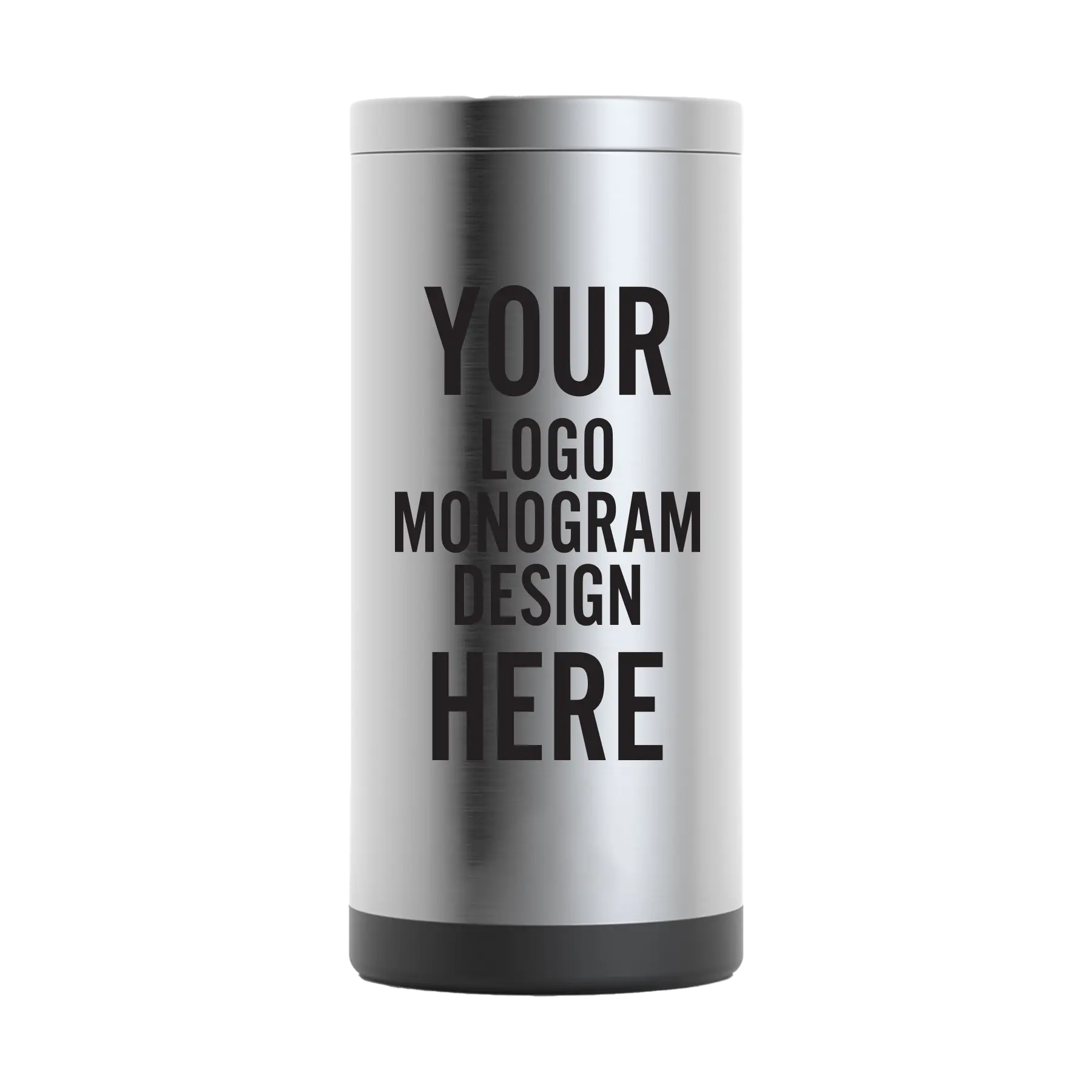 Personalized stainless RTIC 12 oz skinny can cooler with black custom laser engraved logo, monogram, or design