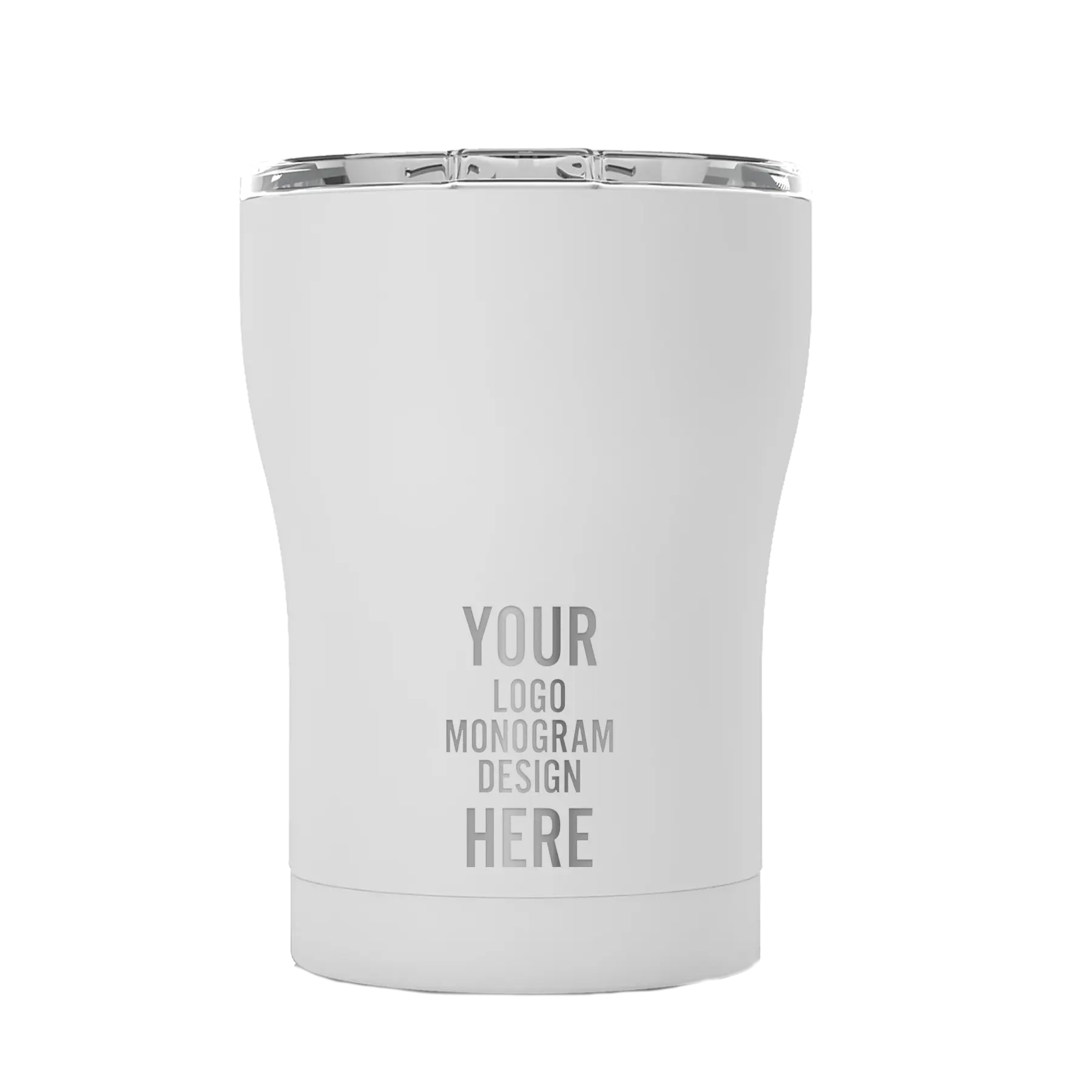 Laser etched SIC matte white 12 oz tumbler customized with name, logo, monogram