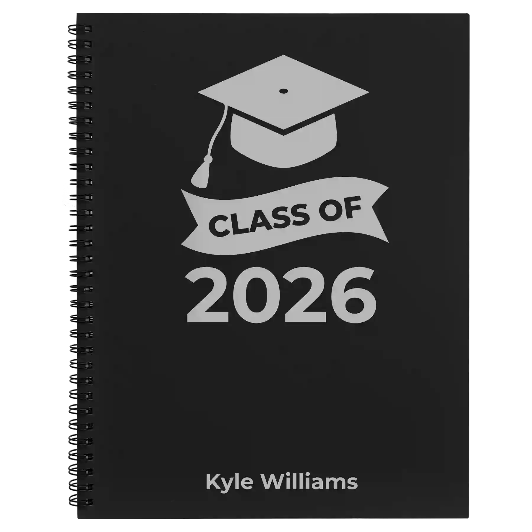Large black spiral notebook laser etched with 'Class of V2' design