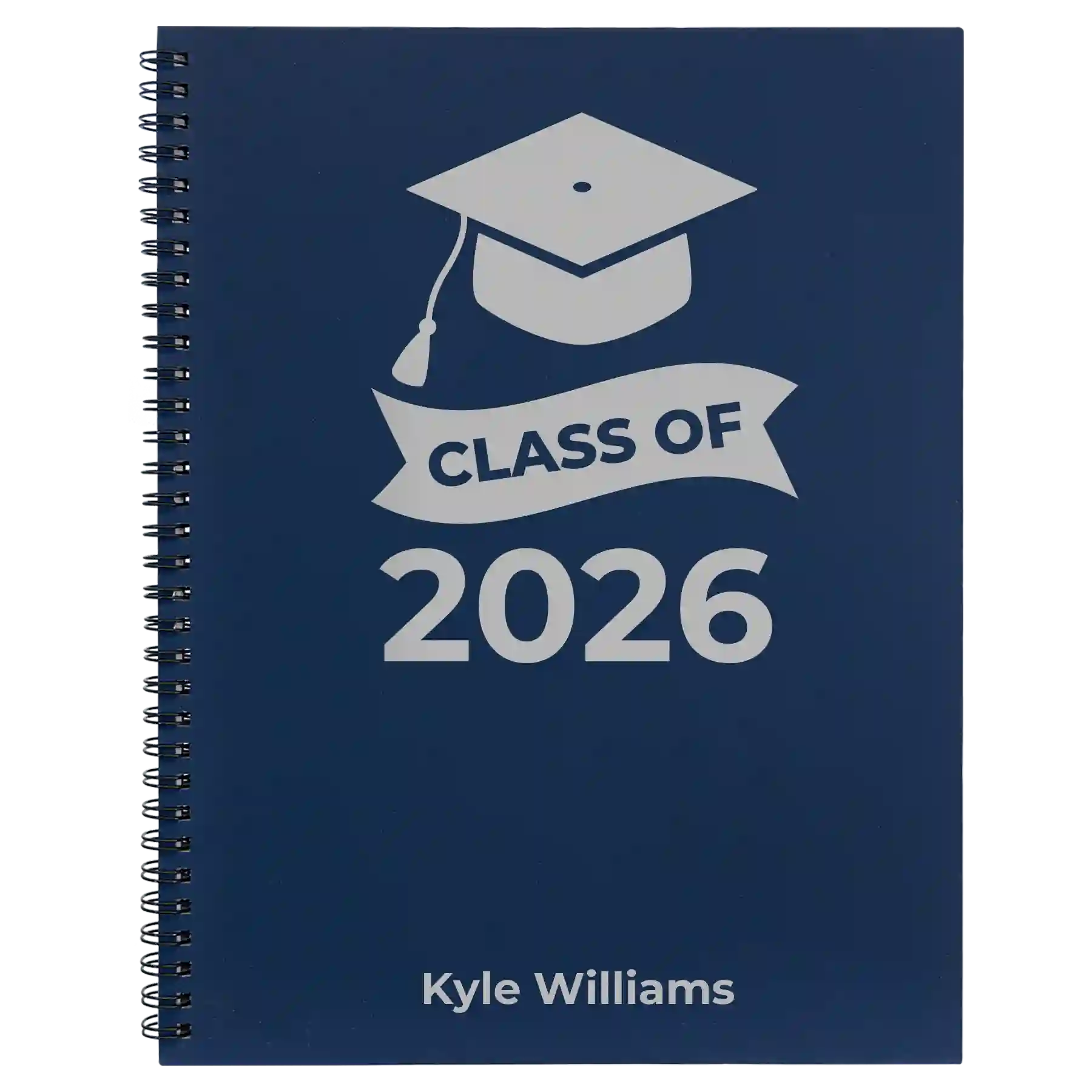 Large blue spiral notebook laser etched with 'Class of V2' design