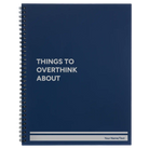 Large blue spiral notebook laser etched with 'Things to Overthink About' design